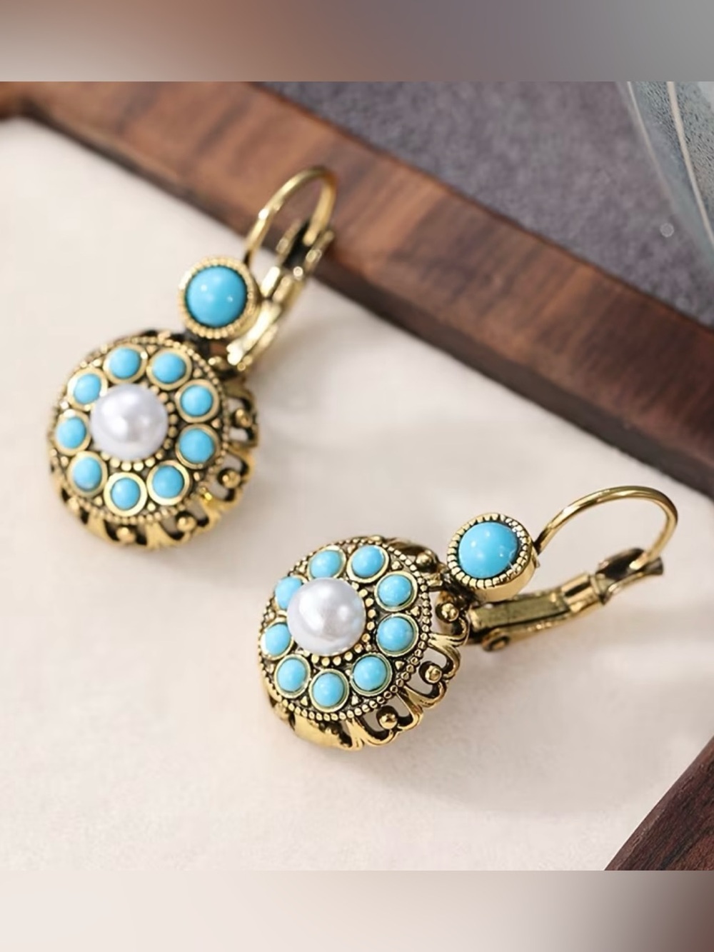 NEW! Vintage-Style Gold Filigree Drop Earrings. Antique Turquoise Earrings B2–92 - Picture 3 of 5